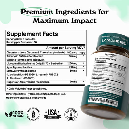 Benevolent Glp-1 Support | 5-in-1 Synbiotic with Akkermansia, MetSyn®, Chromax® & Liposomal Berberine | Natural GLP 1 Probiotics Supplement for Weight Management & Metabolic Balance, 60 Ct