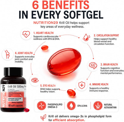 N29 Antarctic Krill Oil 500mg,60 softgels,Omega 3 Supplements with EPA,DHA | Astaxanthin,Phospholipid for Heart Brain Joint Skin Support,No Fishy Burps,Non-GMO, Gluten-Free