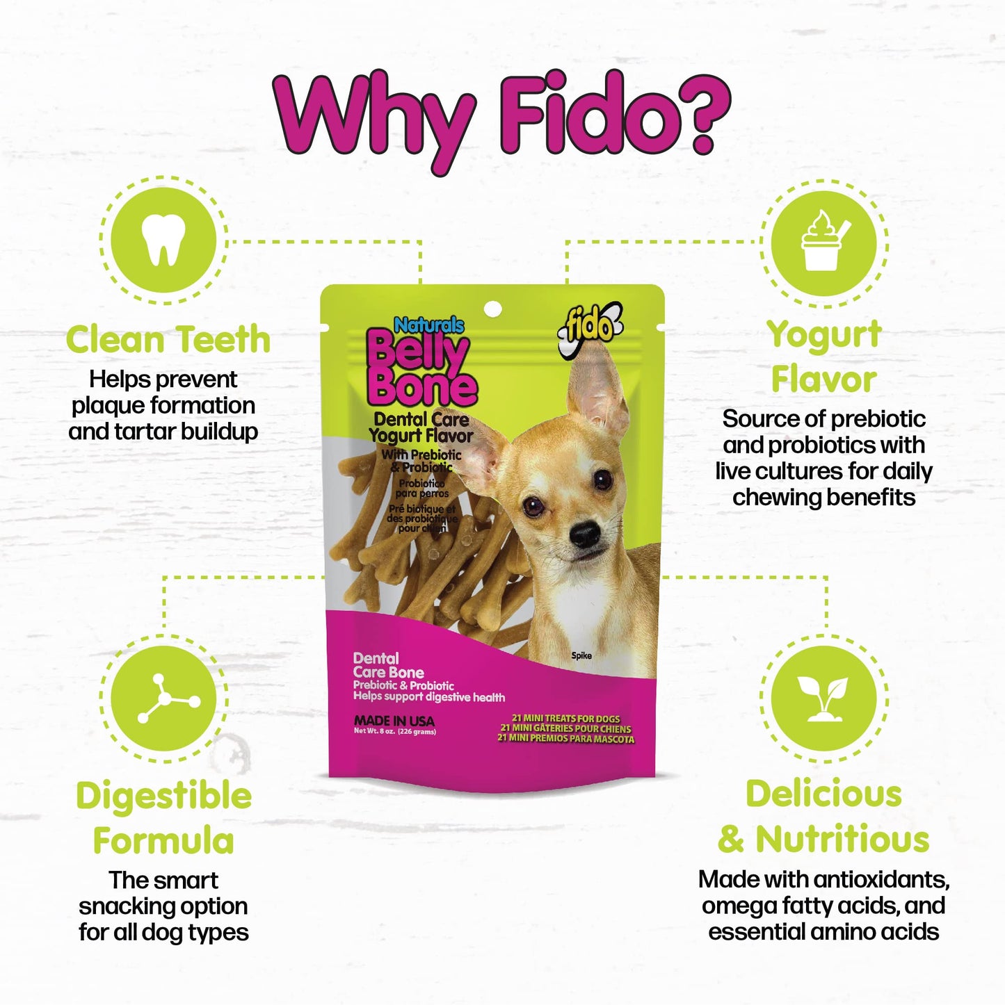 Fido Belly Bones for Dogs, Mini - 21 Count - Yogurt-Flavor Dental Treats for Small Dogs - Plaque & Tartar Control for Fresh Breath - Digestive Support - Made in USA