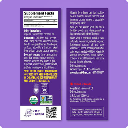 Ddrops Kids Booster 600IU 100 Drops - Daily Liquid Vitamin D for Kids. Support Strong Bones & Immune System in Children. No Preservatives, No Sugar, Non-GMO, Allergy-Friendly