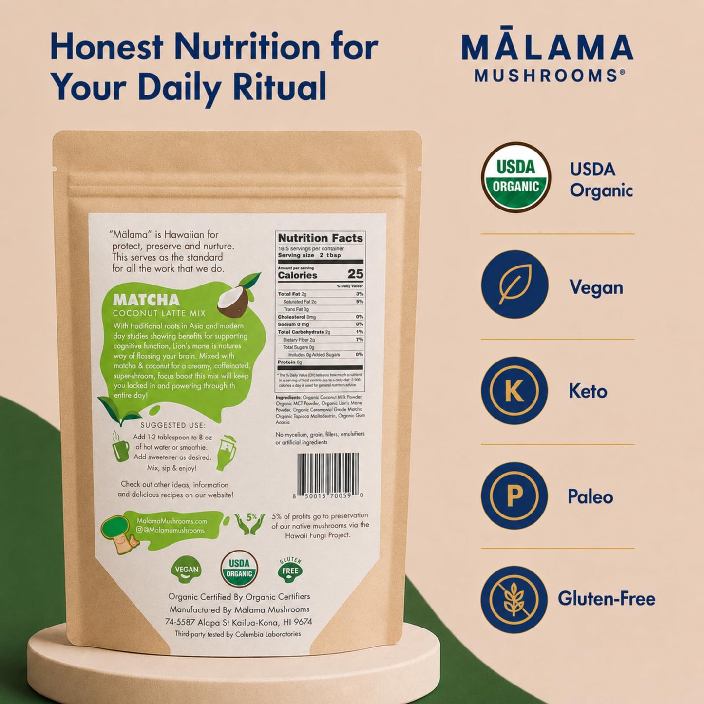 Malama Ceremonial Grade Matcha Powder - Premium Japanese Matcha Green Tea Powder with Organic Lion’s Mane Extract - Organic, Gluten-Free, Vegan, & Unsweetened (2.1 oz) for Energy & Focus
