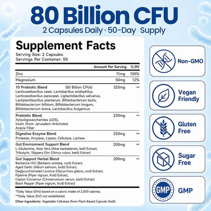 Gut Health Capsule Supplement, Supports Microbiome, Leaky Gut, and Digestion, with 80 Billion CFU Probiotics, Prebiotics, Digestive Enzymes, 30-in-1 Gut Health Supplement, 100 Capsules