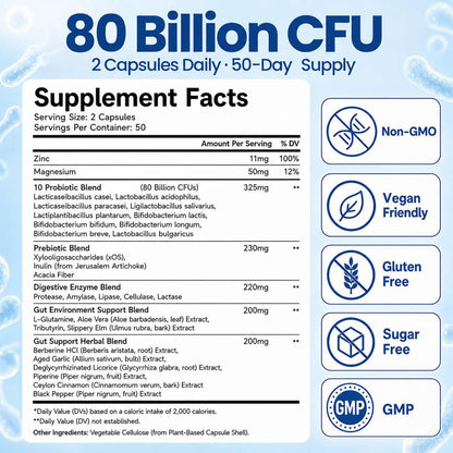 Gut Health Capsule Supplement, Supports Microbiome, Leaky Gut, and Digestion, with 80 Billion CFU Probiotics, Prebiotics, Digestive Enzymes, 30-in-1 Gut Health Supplement, 100 Capsules