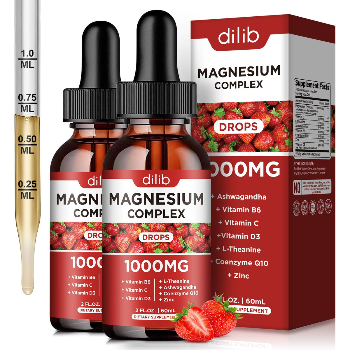 Triple Magnesium Complex Supplement, Magnesium Glycinate, Blend, Citrate Liquid Drops 1000mg with Ashwagandha, CoQ10, Vitamin B6, C, D, Zinc -Support Calm Stress Relief, Bone, Muscle, Mood Vegan