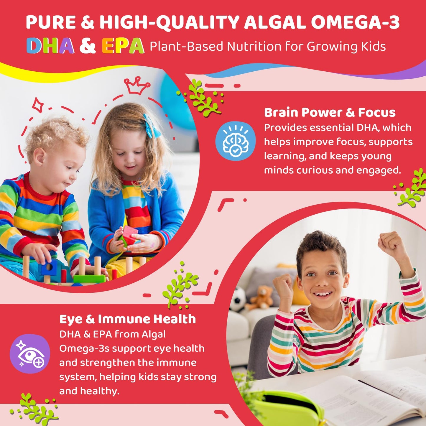 Vitamin D3 K2 + Calcium Liquid-filled Gummies for Kids & Teens, 1000IU / 2000IU D3 with Magnesium, Algal Omega 3, Kids Vitamins for Bones & Teeth, Calcium Absorption, Brain, Immune, Sugar-Free, 60Cts