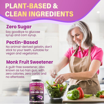 Multivitamin for Women 50 Plus Gummies, Vegan Omega 3, Methylfolate, Calcium, D3 K2, Probiotics CoQ10, Daily Vitamin A C E Methylated B12 Biotin B Complex Zinc -Bone Energy Longevity -Sugar Free 60Cts
