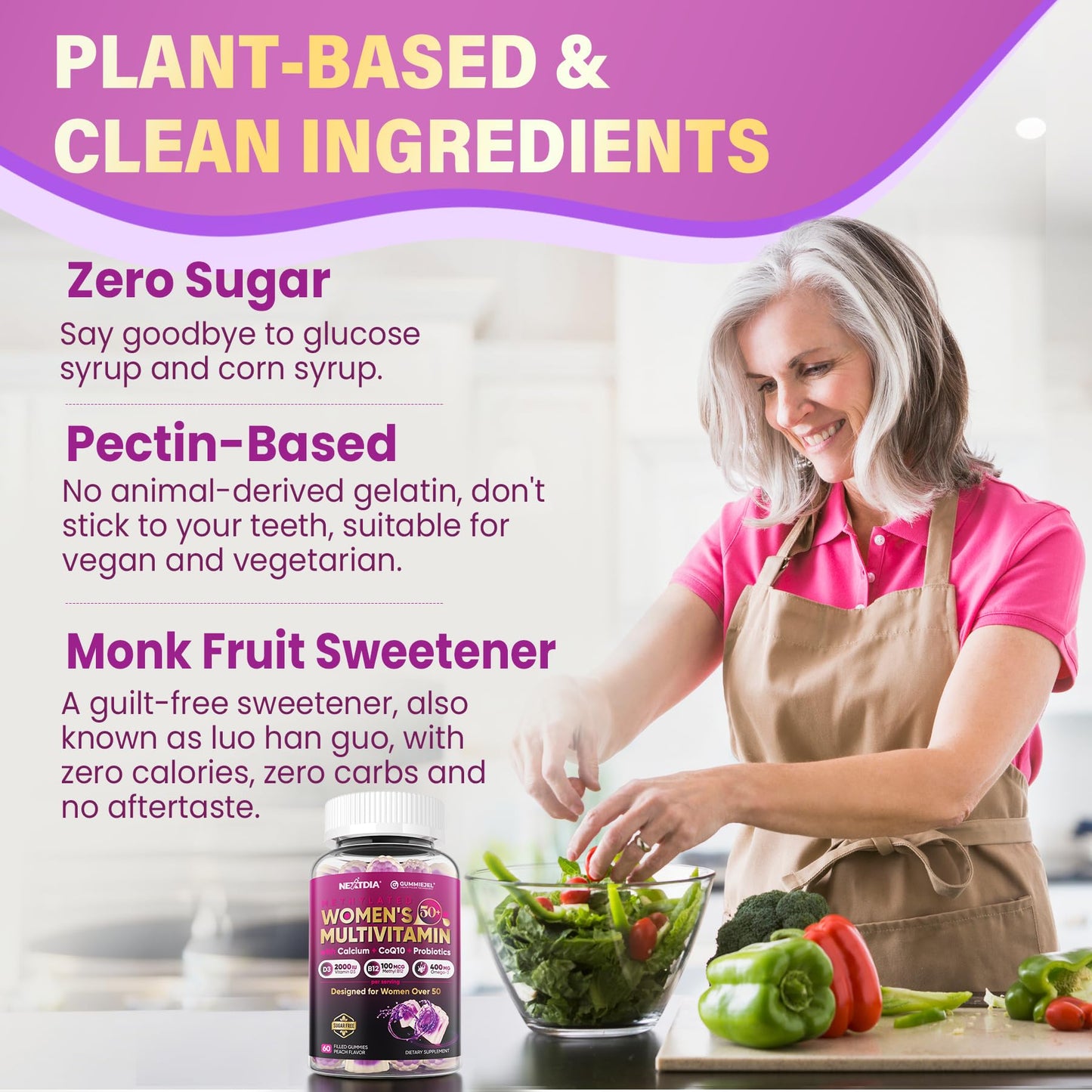 Multivitamin for Women 50 Plus Gummies, Vegan Omega 3, Methylfolate, Calcium, D3 K2, Probiotics CoQ10, Daily Vitamin A C E Methylated B12 Biotin B Complex Zinc -Bone Energy Longevity -Sugar Free 60Cts