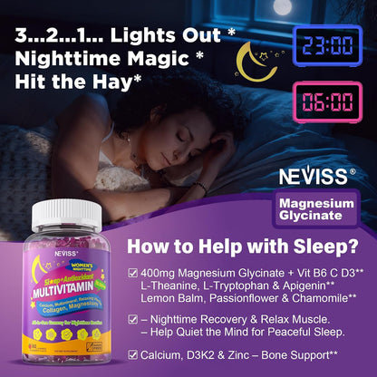 NEVISS 52-in-1 Methylated Multivitamin for Women Gummies with Iron, Omega-3, B6 B9 B12 for Day | Magnesium Glycinate, Calcium, Collagen for Night Renewal/Sleep, Womens 18 30 40 50 60 70+ AM PM Daily