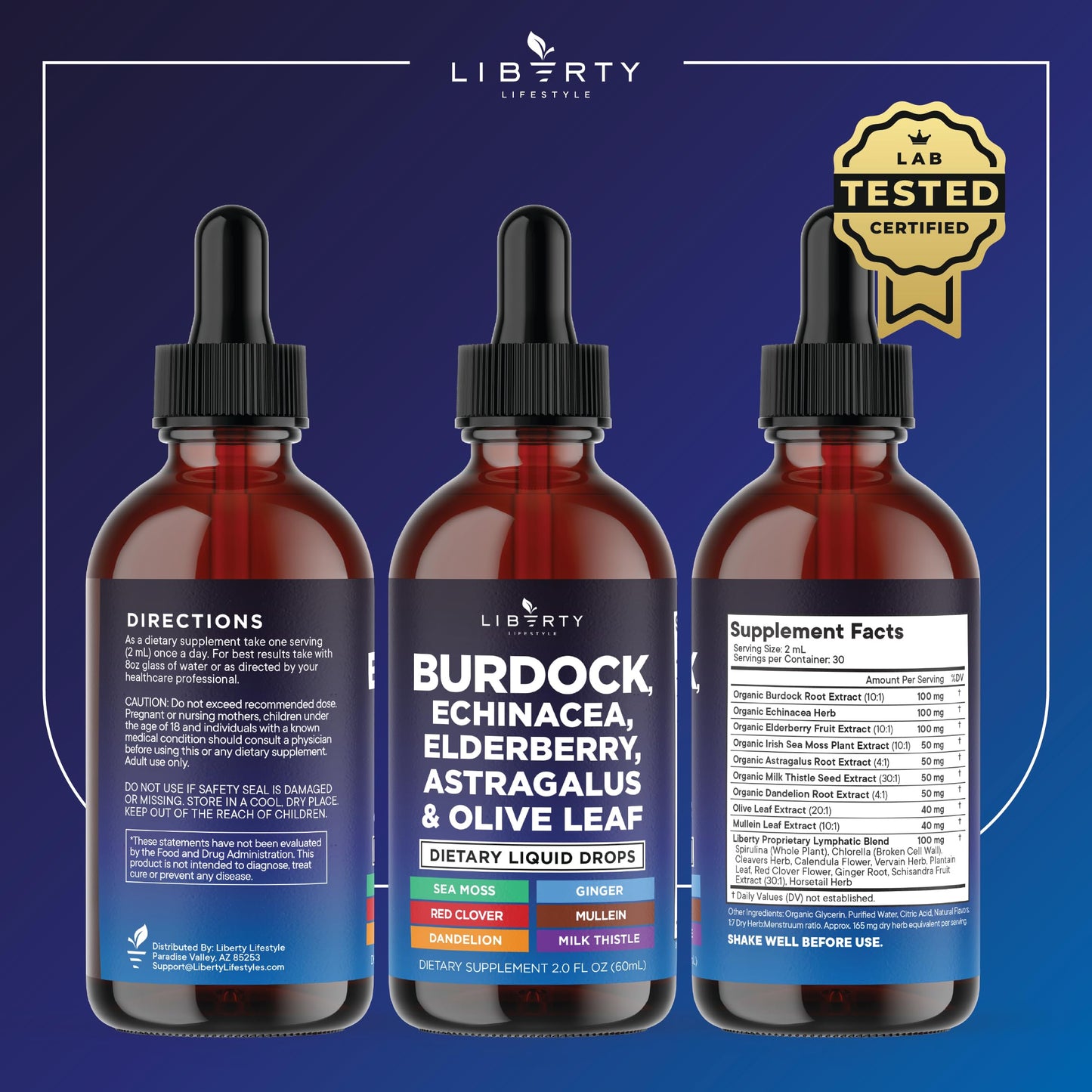 Liberty Lifestyle Lymphatic Drainage Supplement - Burdock Lymphatic Support Drops - Burdock Root, Mullein, Echinacea, Elderberry, Dandelion, Astragalus, Milk Thistle, Red Clover - 2 oz