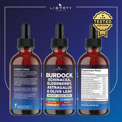 Liberty Lifestyle Lymphatic Drainage Supplement - Burdock Lymphatic Support Drops - Burdock Root, Mullein, Echinacea, Elderberry, Dandelion, Astragalus, Milk Thistle, Red Clover - 2 oz