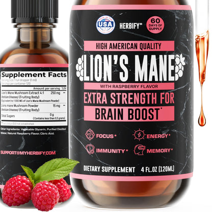 HERBIFY Lions Mane Supplement - Daily Mushroom Supplement for Memory, Focus & Clarity - Brain Booster - Lions Mane Tincture for Immune Support - 4 Fl oz