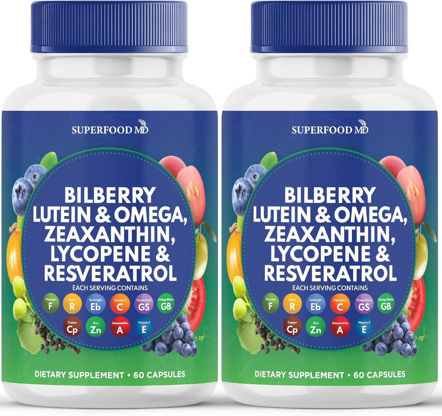 Superfood MD Eye Health Vitamins with Bilberry Lutein & Zeaxanthin Lycopene 40mg Resveratrol Grape Seed Extract Astaxanthin- AREDS 2 - Eye Vitamin - 120 Capsules