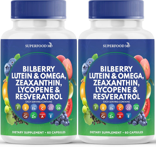 Superfood MD Eye Health Vitamins with Bilberry Lutein & Zeaxanthin Lycopene 40mg Resveratrol Grape Seed Extract Astaxanthin- AREDS 2 - Eye Vitamin - 120 Capsules