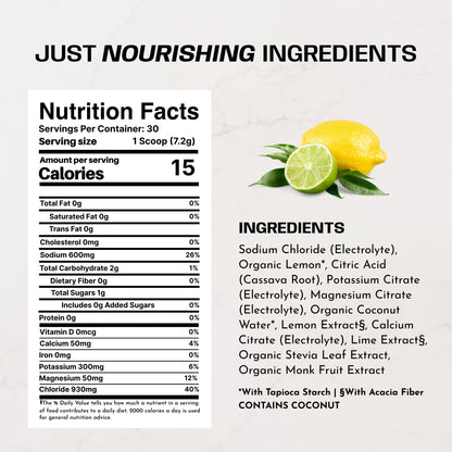 JUST INGREDIENTS Performance Electrolytes Powder Lemon Lime, 600mg Sodium with Organic Coconut Water, 30 Servings, Naturally Sweetened with Monk Fruit and Stevia, Flavored with Real Fruit, Non-GMO