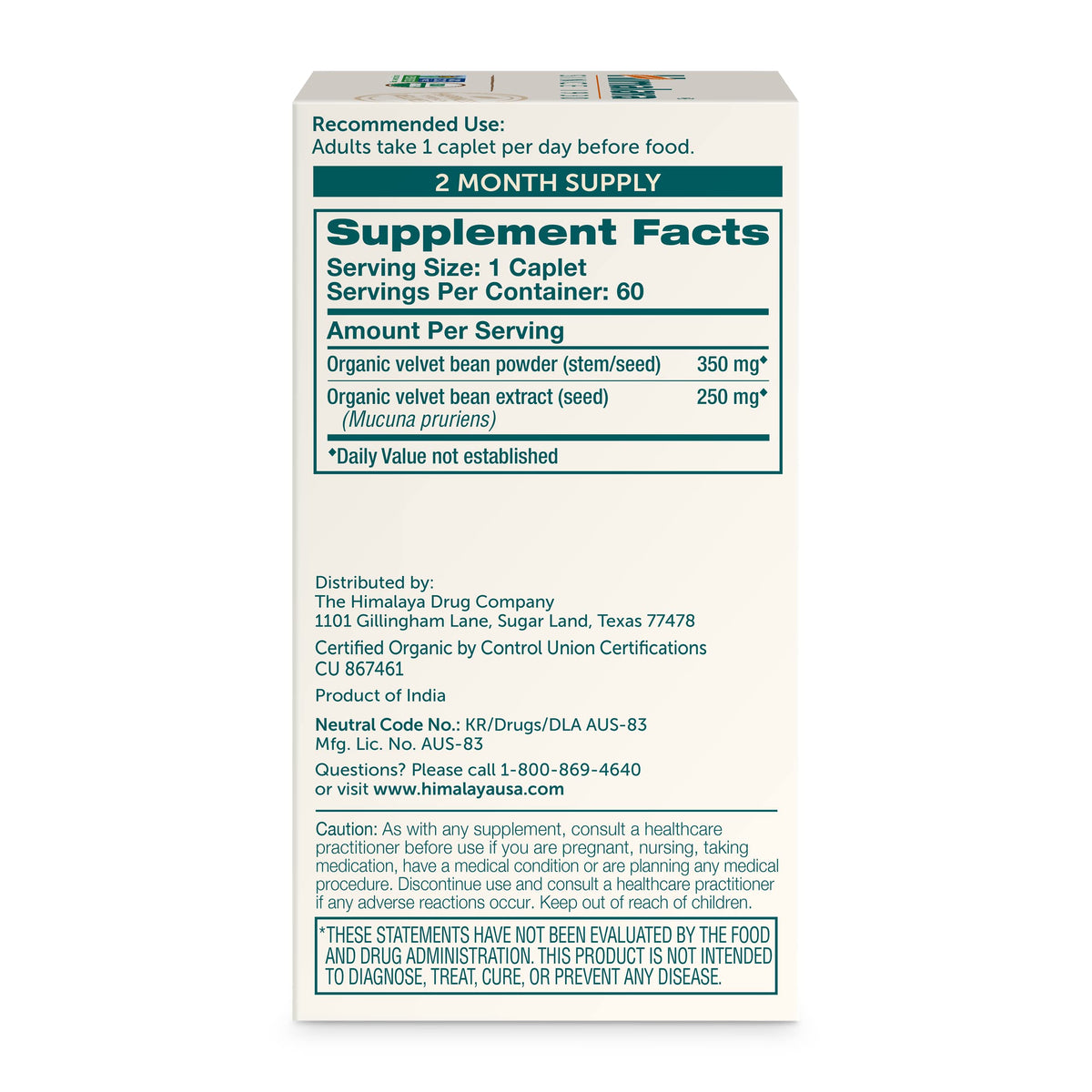 Himalaya USDA Organic Mucuna Pruriens Supplement, 600 mg, 60 Caplets