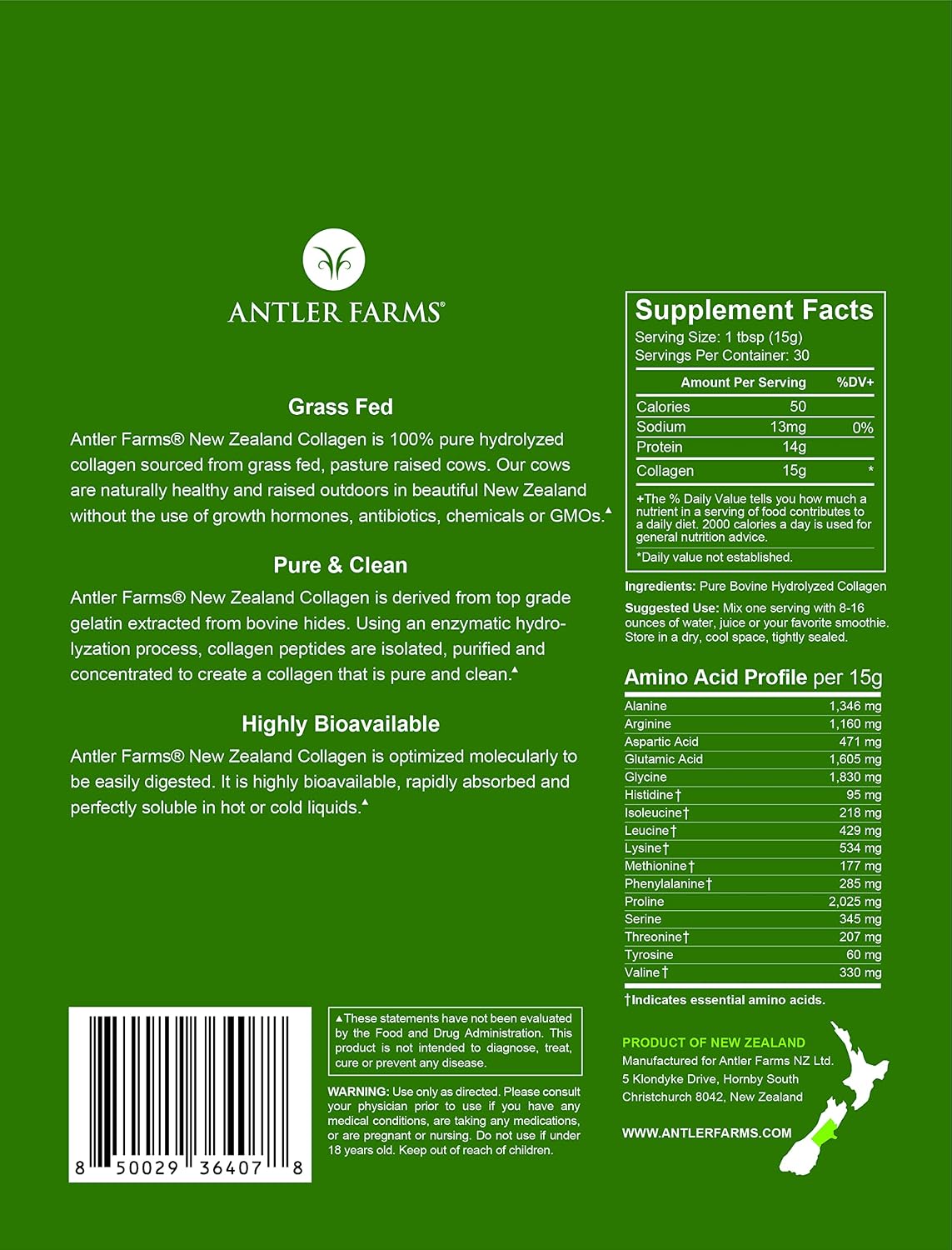 Antler Farms New Zealand Collagen Powder - Grass Fed, Unflavored, 1 lb | 100% Pure Hydrolyzed Collagen Peptides Powder, Cold Water Soluble Peptide, Keto Friendly, Bioavailable, Quick Dissolving