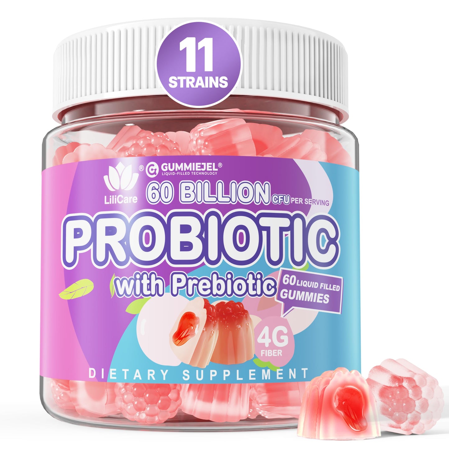 Probiotic Gummies 60 Billion CFU for Women Men & Kids, 11 Strains Probiotics + Organic Prebiotics Fiber for Immune, Digestive Health, Supports Constipation, Diarrhea, Gas & Bloating - Sugar Free, 60ct