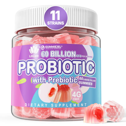 Probiotic Gummies 60 Billion CFU for Women Men & Kids, 11 Strains Probiotics + Organic Prebiotics Fiber for Immune, Digestive Health, Supports Constipation, Diarrhea, Gas & Bloating - Sugar Free, 60ct