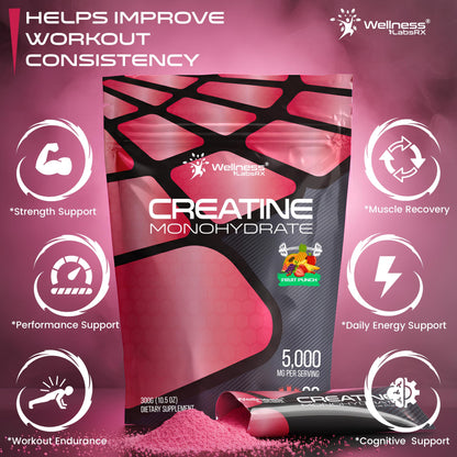 WELLNESS LABSRX Creatine Monohydrate Powder Sachets 300g – Fruit Punch Flavor Micronized Creatine Powder Supplement, Creatine for Women and Men, Supports Strength, Energy, Performance - 60 Servings