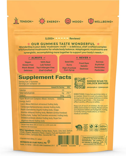 Plant People WonderDay Mushroom Gummies for Energy, Raspberry, 60ct