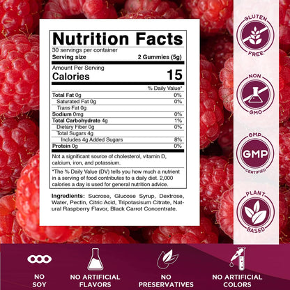 Vitamatic Glucose chewable Gummies - 60 Count - Natural Raspberry Flavor - 4G of Carbohydrate per Serving (1 Bottle) | 4 g Carbohydrates per Serving, Pectin-Based, Gluten Free, Non GMO