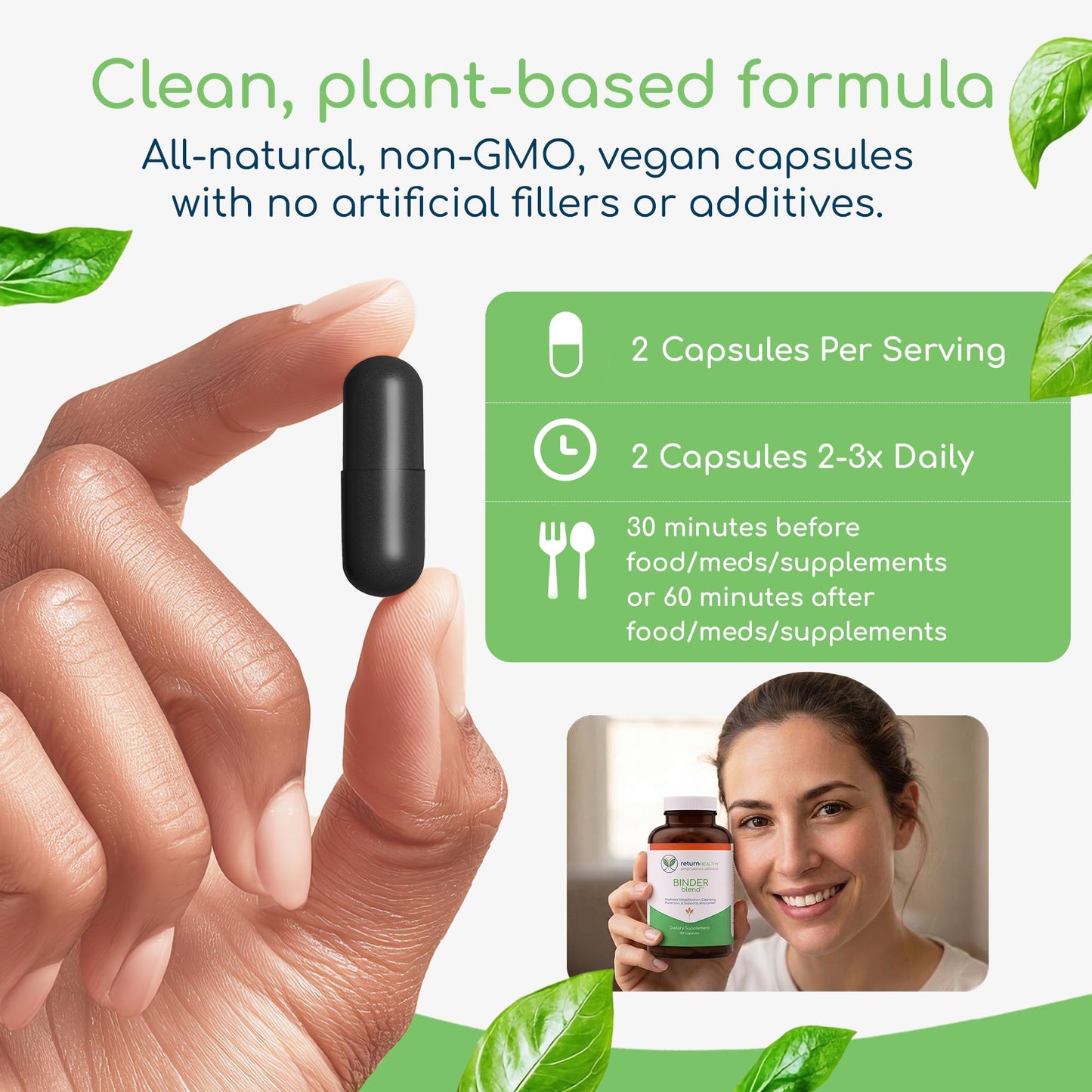 Binder Blend - Toxin Binder Supplement, Detox Capsules for a Healthy Gut - 180 Capsules - 90 Servings - 960mg Activated Charcoal & 480mg Organic Chlorella - Bloating Relief - Bentonite Clay