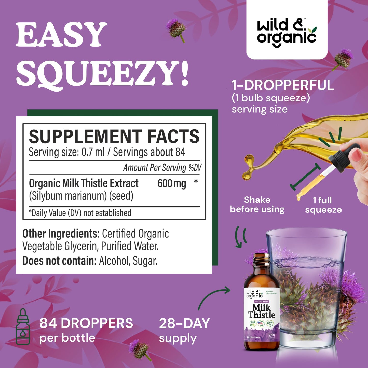 Wild & Organic Milk Thistle Liquid Drops - Liver Cleanse Detox - Silymarin Milk Thistle Supplement for Liver Support - Add to Tea - Silybum Marianum Seed Extract Tincture - Sugar & Alcohol-Free - 4 oz