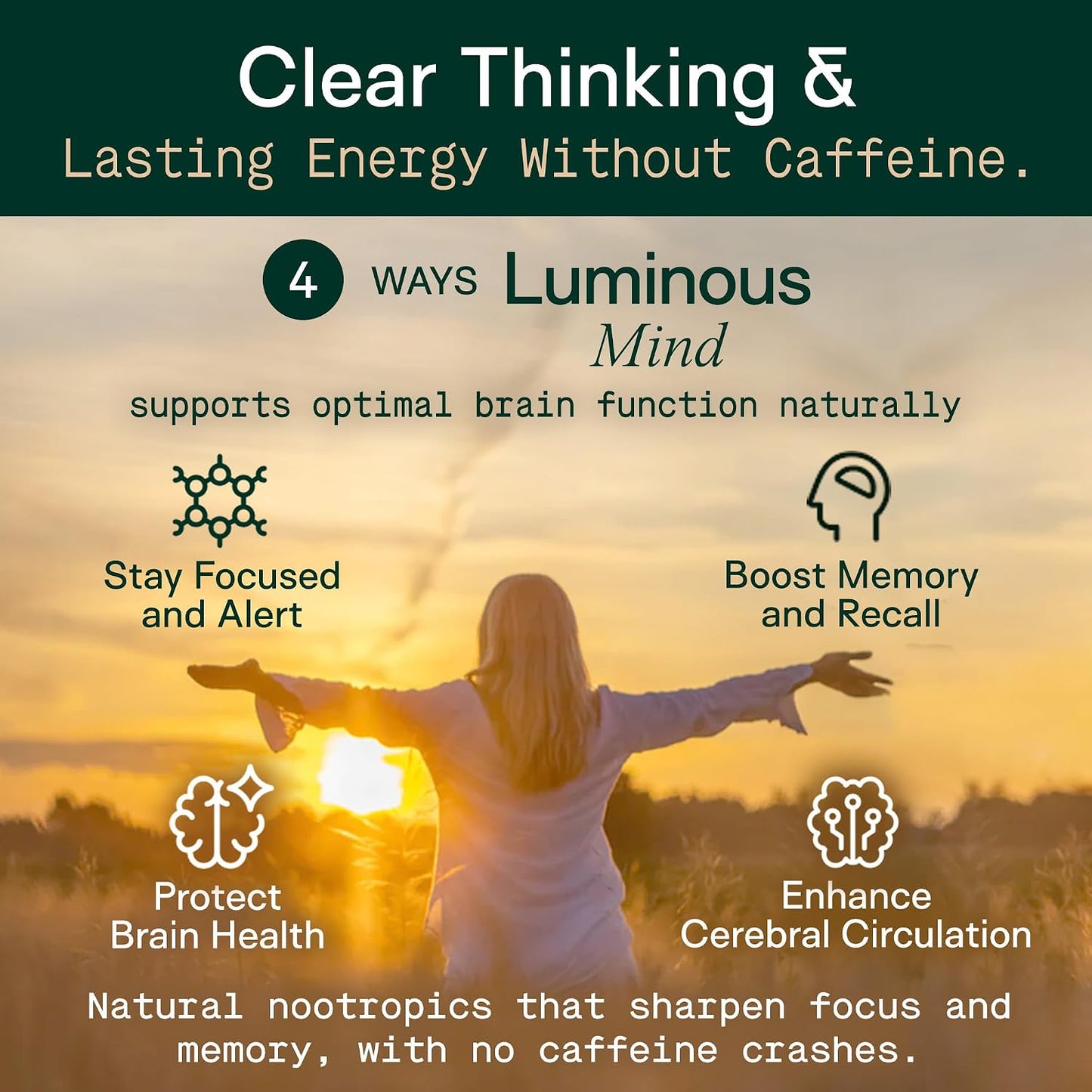 Adapt Naturals Luminous Mind Nootropic Brain Supplement - 30 Day Supply | with Ginkgo Biloba, Bacopa & Lions Mane - Memory, Focus, Mental Clarity & Elevated Mood Support - No Caffeine & Crash Free
