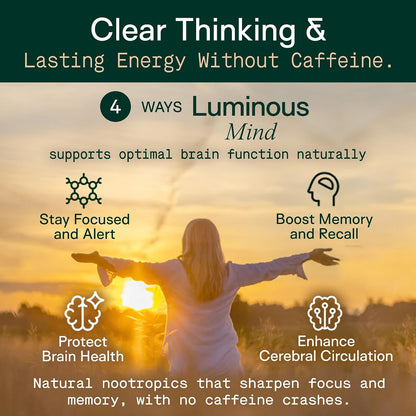 Adapt Naturals Luminous Mind Nootropic Brain Supplement - 30 Day Supply | with Ginkgo Biloba, Bacopa & Lions Mane - Memory, Focus, Mental Clarity & Elevated Mood Support - No Caffeine & Crash Free