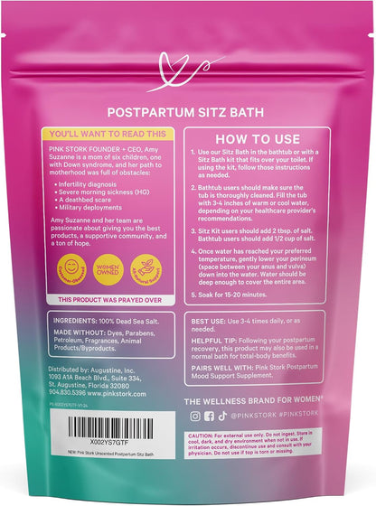 Pink Stork Postpartum Sitz Bath Soak: Dead Sea Salt for Perineal Care & Cleansing, Postpartum Recovery, Labor and Delivery Essentials, Women-Owned, Unscented, 16 oz