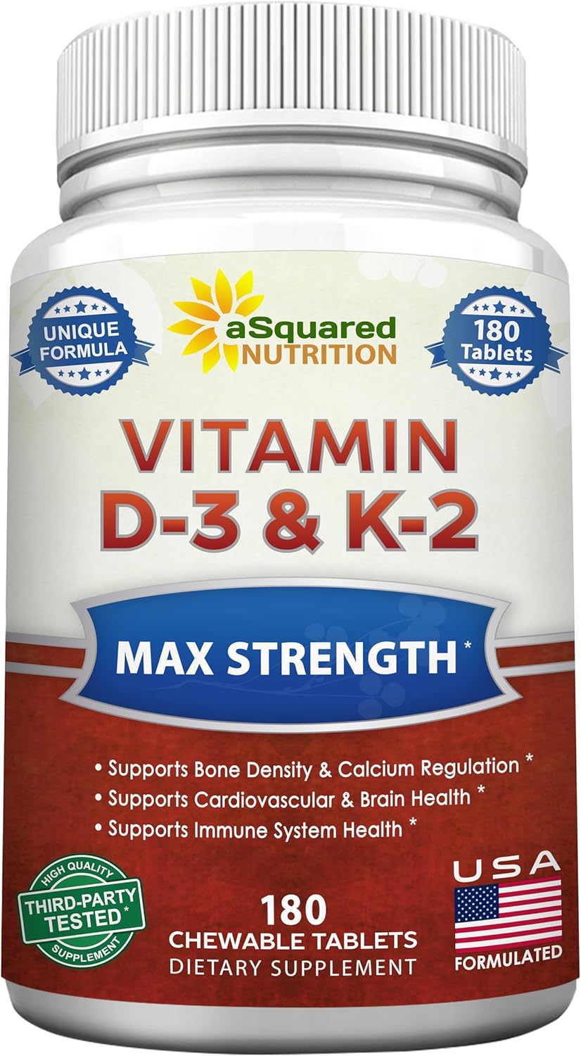 Vitamin D3 with K2 Supplement - 180 Chewable Tablets: Vit D-3 2000 IU & K-2 | Max Strength D3 K2 - Pure D-3 Cholecalciferol & K-2 MK7 to Support Healthy Bones, Teeth, Heart - Antioxidant Energy Formula