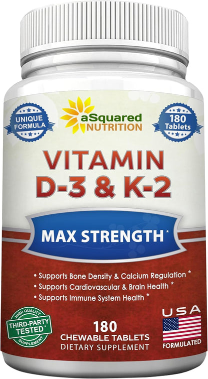 Vitamin D3 with K2 Supplement - 180 Chewable Tablets: Vit D-3 2000 IU & K-2 | Max Strength D3 K2 - Pure D-3 Cholecalciferol & K-2 MK7 to Support Healthy Bones, Teeth, Heart - Antioxidant Energy Formula
