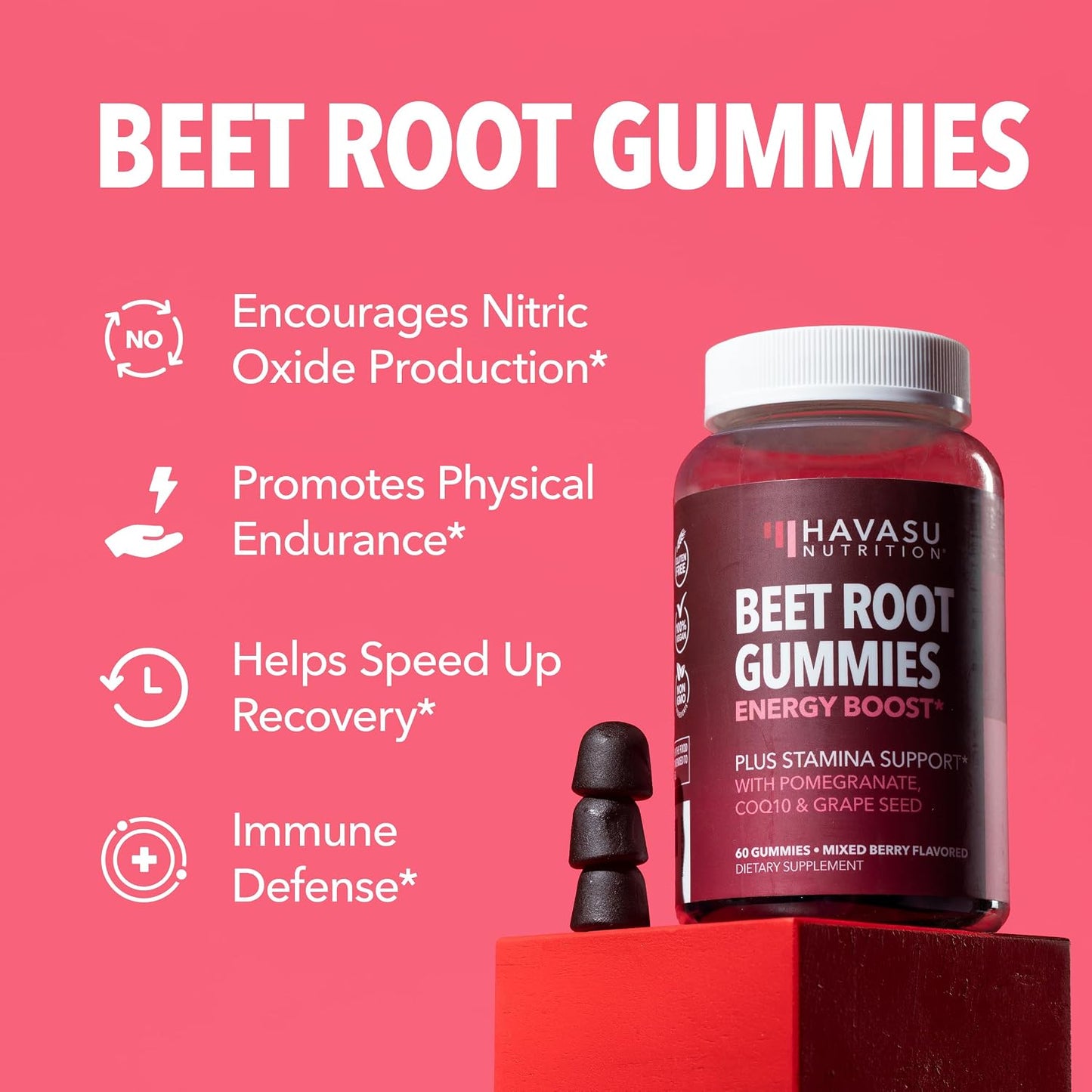 Beet Root Gummies with COQ10 and Grape Seed, Mixed Berry, 30 Servings | Nitric Oxide Supplement with Beetroot, Grape Seed Extract and COQ10 for Performance and Recovery, Vegan, Non-GMO, Gluten-Free