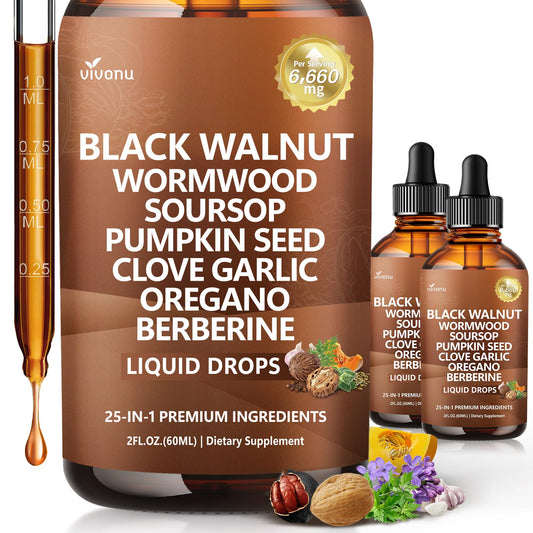 25-in-1 Black Walnut Wormwood Tincture for Liposomal, Cleanse for Humans Drops Liquid with Soursop, Garlic, Pumpkin Seed, Berberine, Oregano, Turmeric, Echinacea, Cinnamon, Fennel Seed Extract