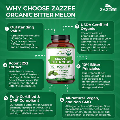 Zazzee USDA Organic Bitter Melon 25:1 Extract, 10% Bitter Principles, 150 Vegan Capsules, 5 Month Supply, Extra Strength, Momordica Charantia, Antioxidant & Metabolic Support, Non-GMO, Made in the USA