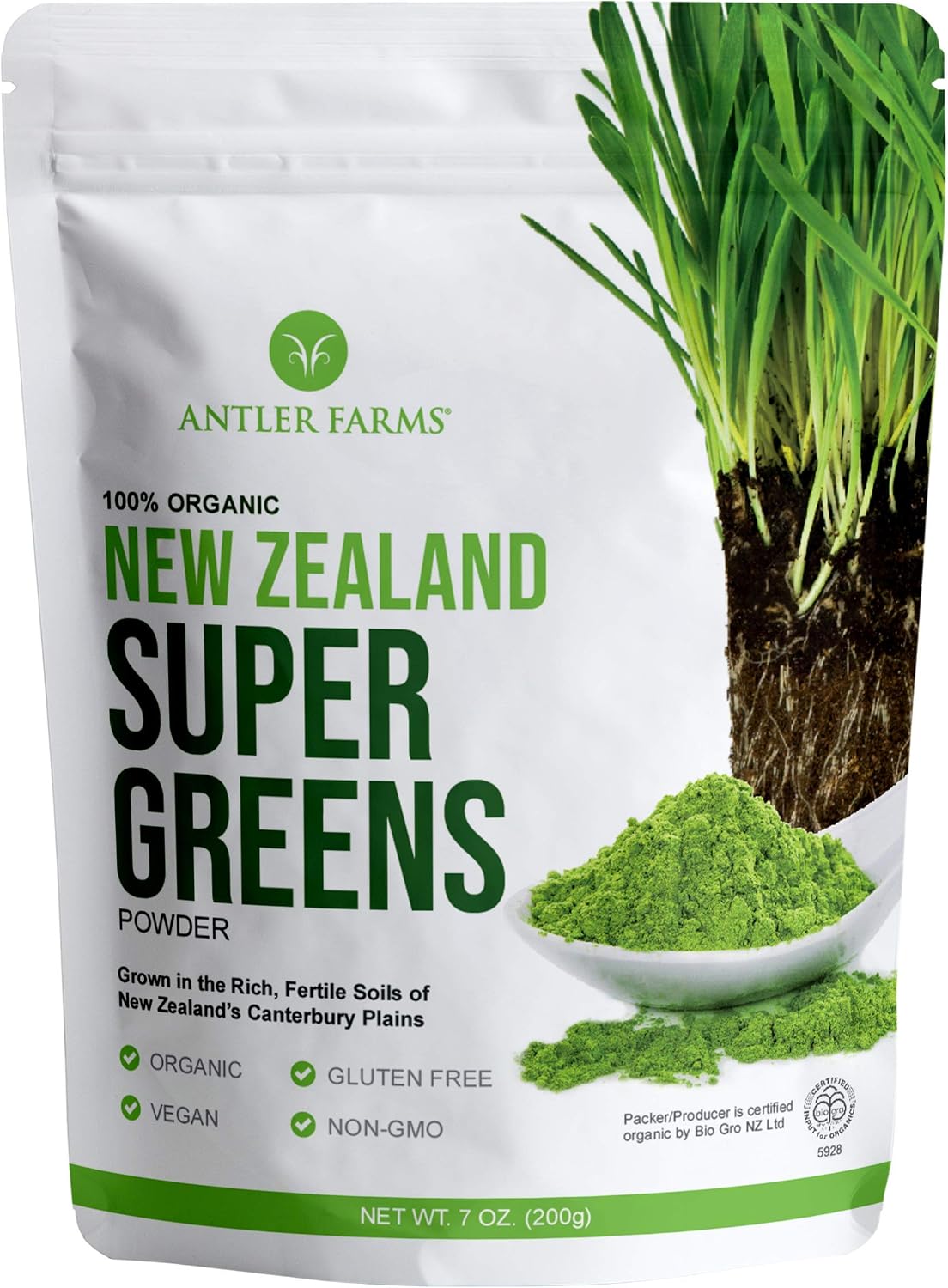 Antler Farms New Zealand Super Greens Powder - Organic, 40 Servings, 200g | 100% Pure, Wheat Grass, Barley Grass, Chlorella, Spirulina - Vegan, Gluten Free, Chlorophyll Rich, for Energy and Detox
