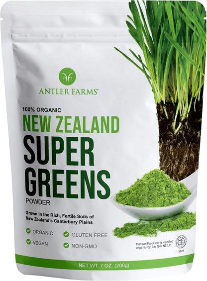 Antler Farms New Zealand Super Greens Powder - Organic, 40 Servings, 200g | 100% Pure, Wheat Grass, Barley Grass, Chlorella, Spirulina - Vegan, Gluten Free, Chlorophyll Rich, for Energy and Detox