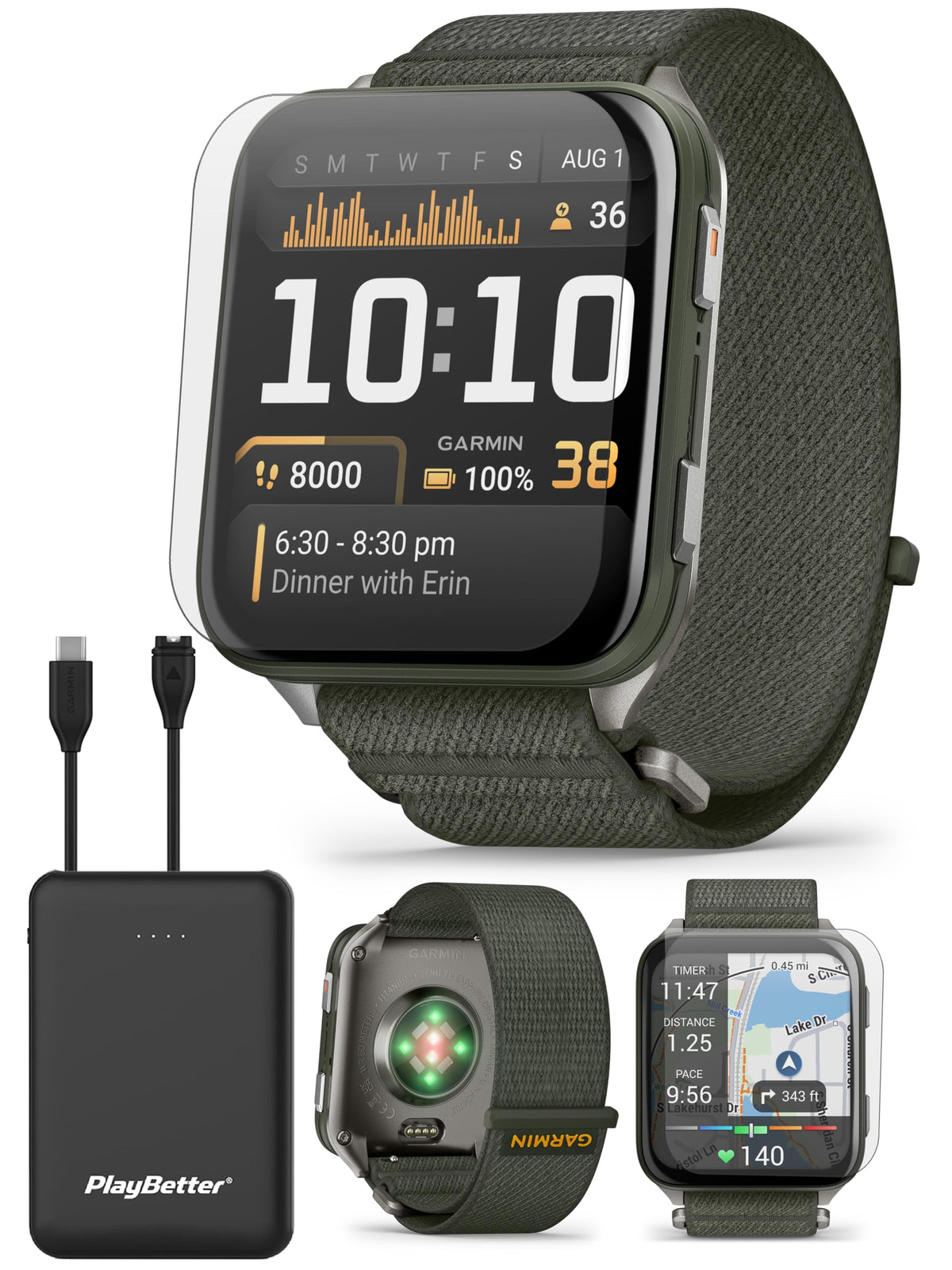 PlayBetter Garmin Venu X1 (Moss/Titanium) Fitness GPS Smartwatch Bundle - 2" Thin AMOLED Display, Advanced Health and Fitness 5000mAh Portable Charger & HD Screen Protectors