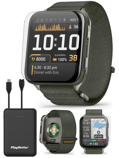 PlayBetter Garmin Venu X1 (Moss/Titanium) Fitness GPS Smartwatch Bundle - 2" Thin AMOLED Display, Advanced Health and Fitness 5000mAh Portable Charger & HD Screen Protectors