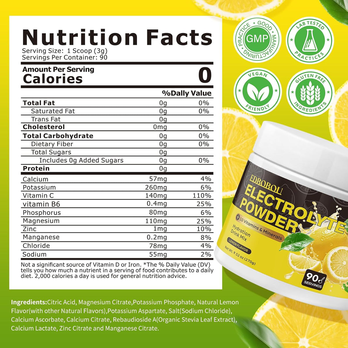 Sugar-Free Electrolyte Powder, Lemonade 0 Calories, Keto-Friendly Hydration Drink Mix with Potassium, Magnesium, and Sodium Non-GMO, Gluten-Free, Vegan, 90 Servings