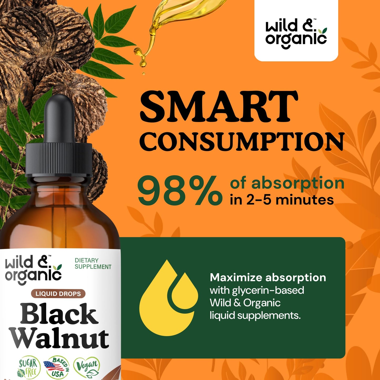 Wild & Organic Black Walnut Hull Tincture - Cleanse & Gut Support - Black Walnut Extract Supplement - Fast Absorption Liquid Drops - Add to Tea & Mix with Powder - Without Alcohol & Sugar - 4 fl oz
