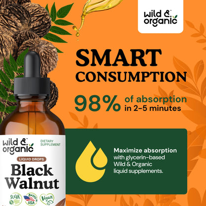 Wild & Organic Black Walnut Hull Tincture - Cleanse & Gut Support - Black Walnut Extract Supplement - Fast Absorption Liquid Drops - Add to Tea & Mix with Powder - Without Alcohol & Sugar - 4 fl oz