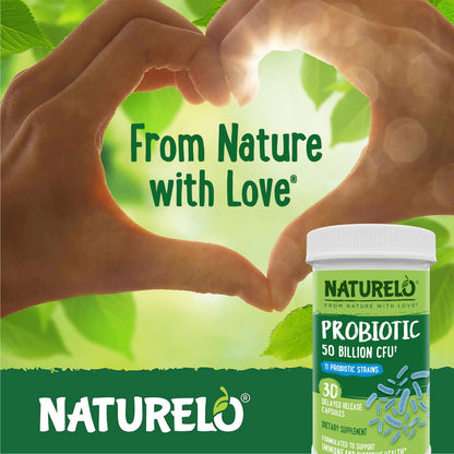 NATURELO Probiotics for Digestive Health, 50 Billion CFU, 60 Vegetarian Capsules, 11 Strains, Daily Use Supplement, Delayed Release, No-Fridge, Boosts Immune System, Probiotics for Women & Men