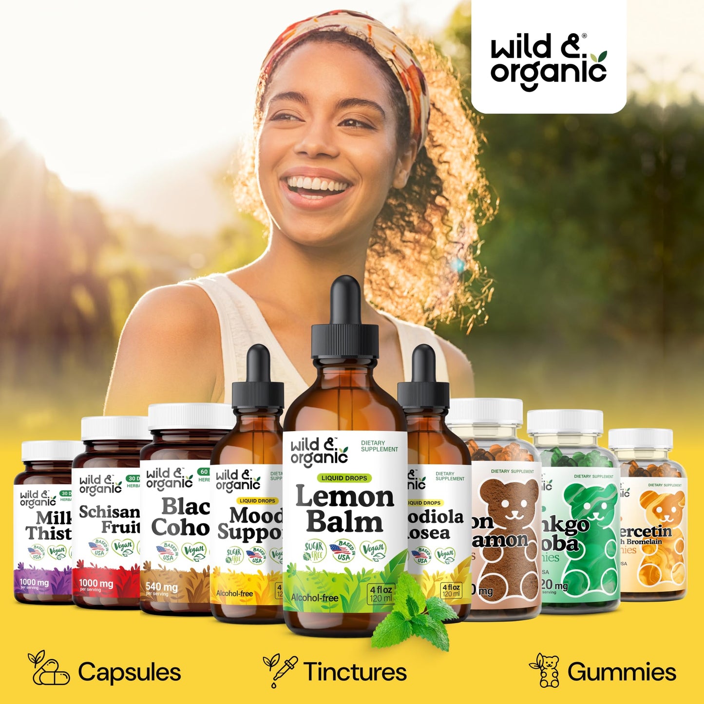 Wild & Organic Lemon Balm Tincture - Good Mood Support - Melissa Lemon Balm Extract Drops - Add to Tea for Relaxation - Vegan, Sugar & Alcohol-Free Leaf Supplement - 4 fl oz