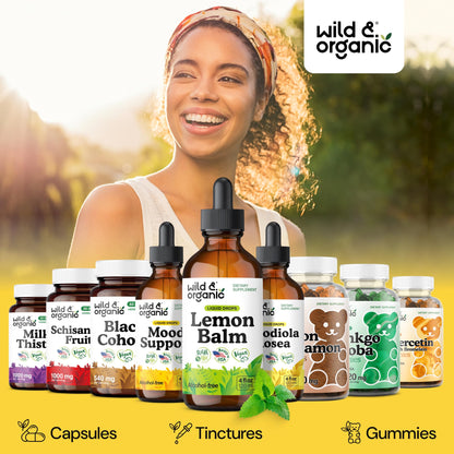 Wild & Organic Lemon Balm Tincture - Good Mood Support - Melissa Lemon Balm Extract Drops - Add to Tea for Relaxation - Vegan, Sugar & Alcohol-Free Leaf Supplement - 4 fl oz