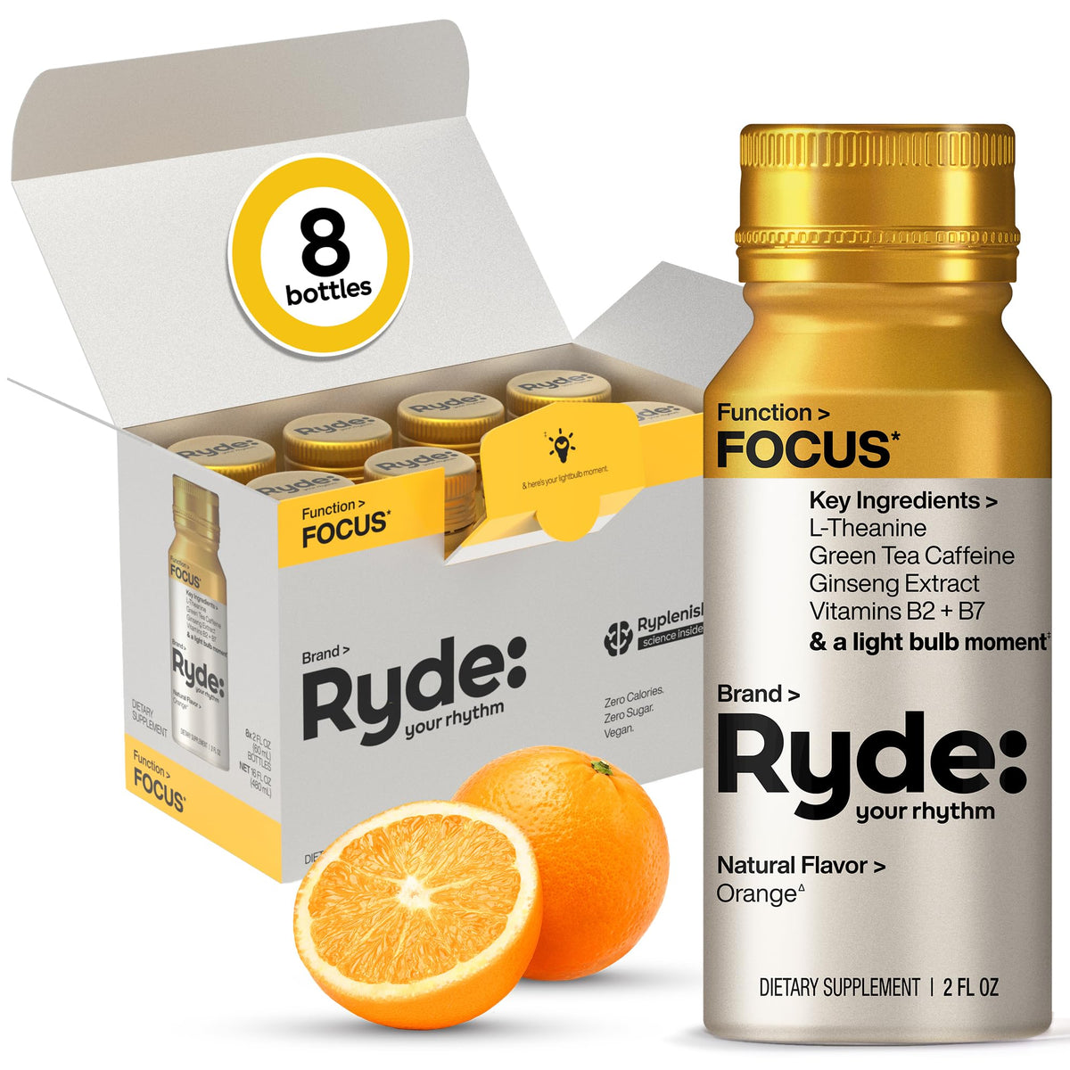 RYDE Energize Energy Shot, Tropical Flavor, Zero Sugar, 2 fl oz, 8 Pack