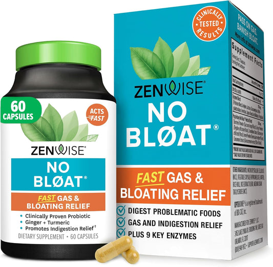 Zenwise Health No Bloat Digestive Enzymes Probiotics Bloat Relief - 60 CT | Bloating Relief, Capsules, Debloat, Digestive Enzymes + Probiotics, Dandelion, Lactase, Ginger, Turmeric, Vegetarian, Women