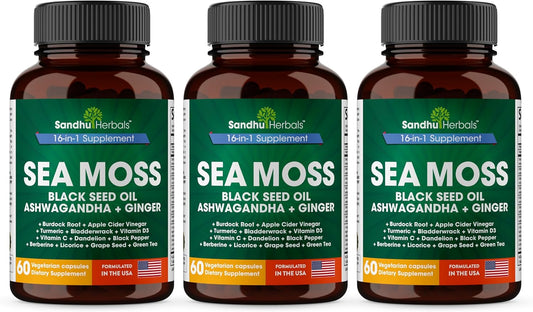 Sea Moss Black Seed Oil Ashwagandha Ginger Burdock Root, Turmeric,Black Pepper | 60 Capsules (Pack of 3)