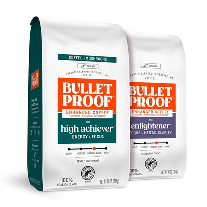 Bulletproof The High Achiever Ground Mushroom Coffee, 10oz, High Caffeine with Lion's Mane, B Vitamins and Adaptogens for Energy & Focus, Medium-Dark Roast and The Enlightener Ground Coffee, 10 Ounce
