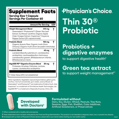 Physician's CHOICE Probiotics for Weight Management & Bloating, 30ct | 6 Probiotic Strains, Prebiotics, Cayenne, & Green Tea for Gut Health, Bloating Relief, & Weight Management for Women & Men
